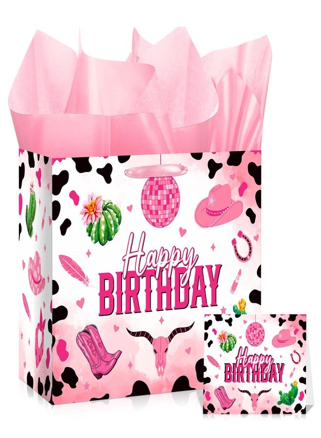 Wayyogh Pink Cowgirl Birthday Gift Bag, Large Western Happy Birthday Wrapping Paper Bags Decorations with Handles Greeting Card Tissue Paper Y2K Disco Wrap Bags for Party Favors Decor Girls Women Supplies - Image 1